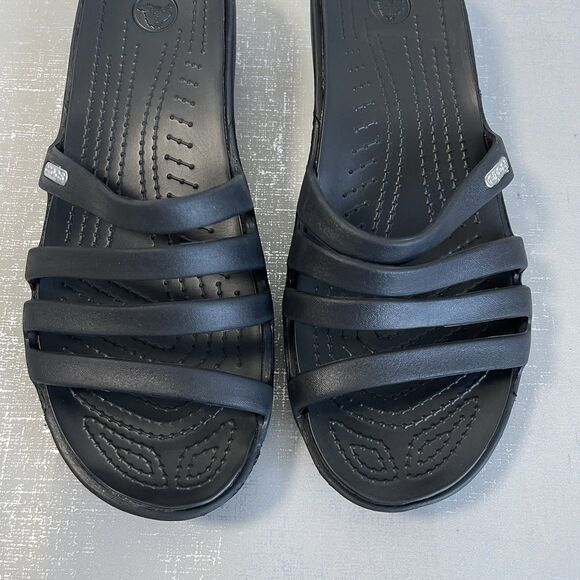 Crocs Rhonda Wedge Sandals Black Women's 8 Strappy Slip On Comfort Shoes - Picture 4 of 13